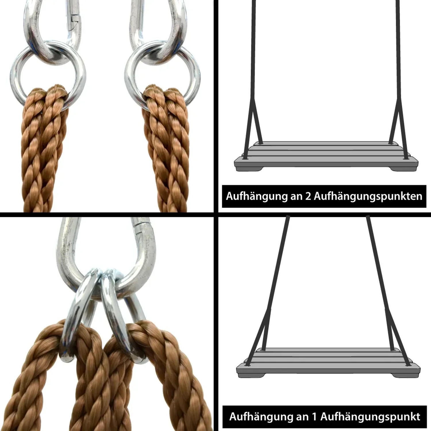 LittleTom Brettschaukel: Detailansicht der Seilaufhängung mit 1 oder 2 Punkten.