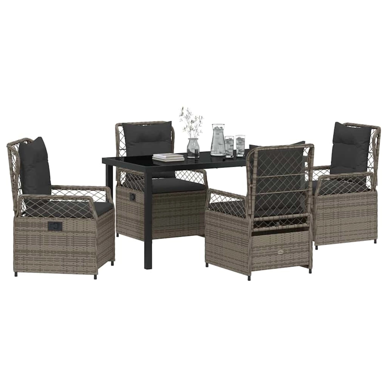 Graue 5-teilige Garten Essgruppe aus Poly Rattan von vidaXL mit Tisch und Stühlen mit Kissen.