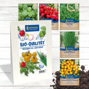 Gemüsesamen-Set 'Nachhaltiges Gärtnern' mit Basilikum, Radieschen, Rucola, Schnittlauch und Zucchini in BIO-Qualität.
