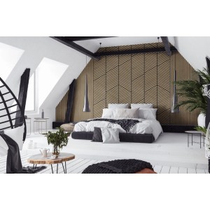 Schlafzimmer mit Grosfillex Wandpaneel Linio Graphic Light Oak in 3D Optik als Wandverkleidung.