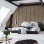 Schlafzimmer mit Grosfillex Wandpaneel Linio Graphic Light Oak in 3D Optik als Wandverkleidung.