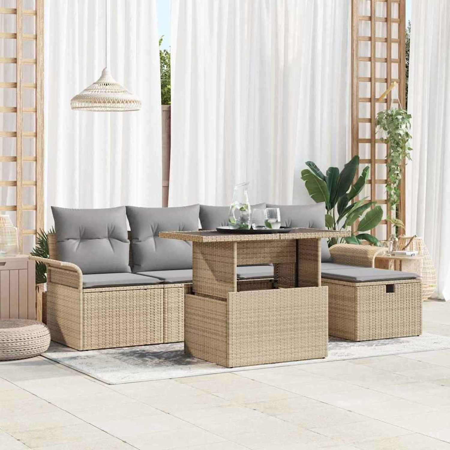 Beiges 6-tlg. vidaXL Garten-Sofa-Set aus Poly Rattan mit Kissen und Stauraum.