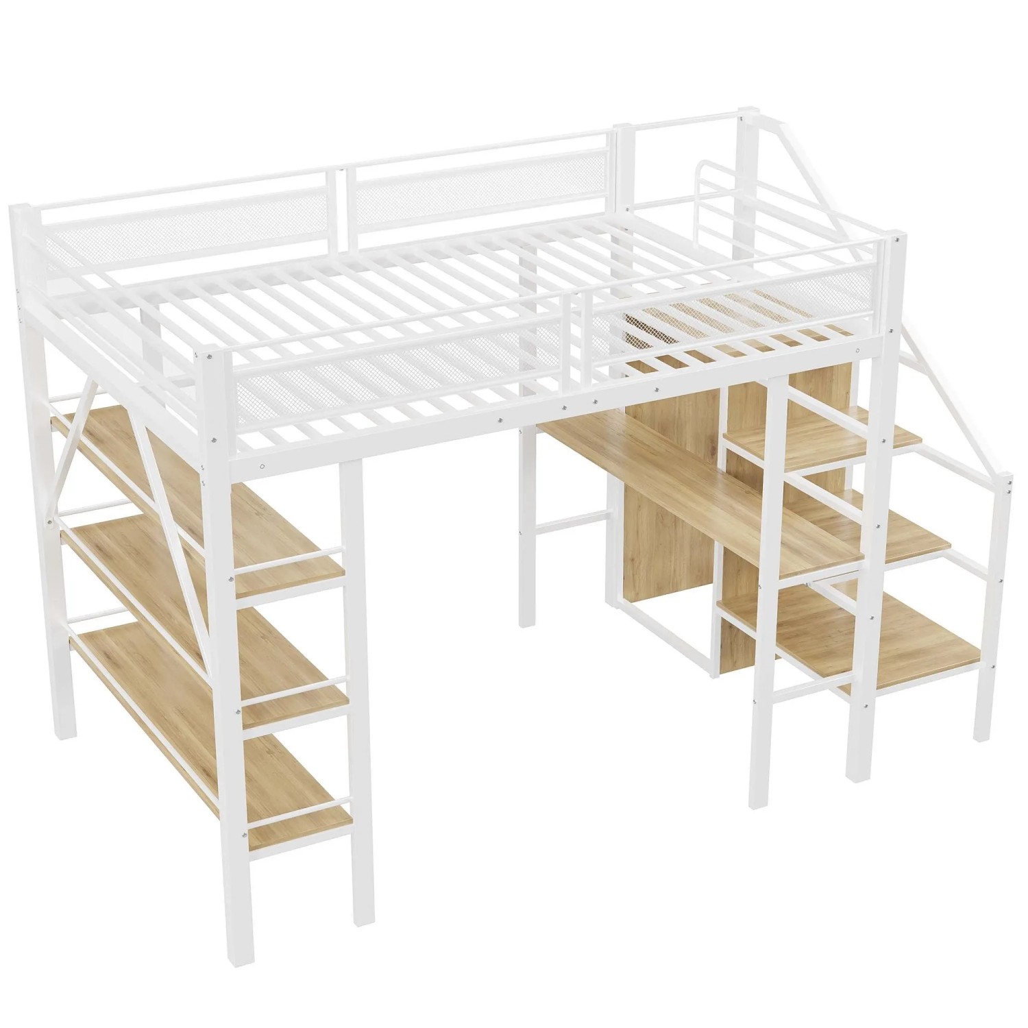 KOMHTOM Hochbett 140x200Cm Dreilagiges Ablageregal Schreibtisch Kleiderschrank Mit Stufen Ablagefach Zaundesign Eisenbett Einzelbett Weiß