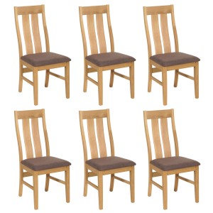 6er-Set Esszimmerstühle M58, helles Holzgestell, taupefarbener Sitzbezug.
