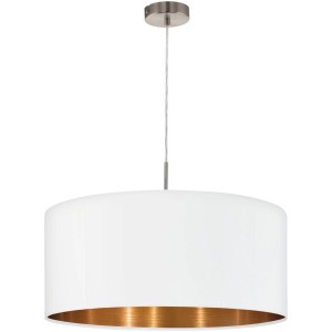 Moderne Eglo Hängeleuchte Pasteri, 53cm, weißer Stoffschirm mit kupferfarbener Innenseite und Nickel-matte Aufhängung.