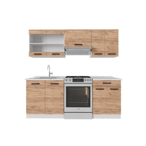 Vicco R-Line Küchenzeile in Goldkraft Eiche/Weiß, 200 cm breit, mit Spüle und Herd.