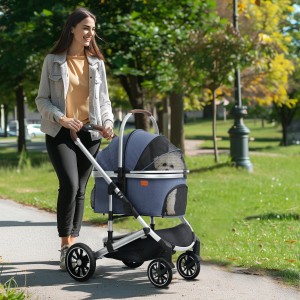 Frau schiebt blauen PawHut Hundewagen mit Hund im Park. Hundeanhänger mit Alurahmen.