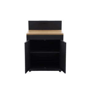 MWH O88 Series Outdoorküchenschrank Anthrazit, offene Türen zeigen Stauraum, helle Arbeitsplatte.