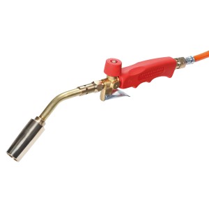 Rothenberger Lötbrenner-Set mit Gasschlauch, rotem Griff und Messingdüsen für Sanitär- und Heizungsinstallationen.