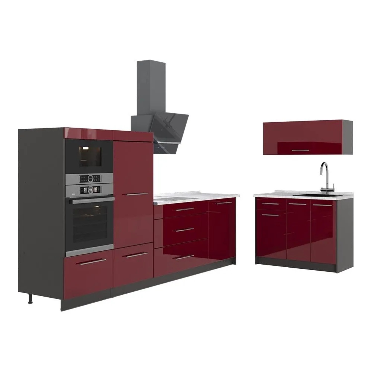 Vicco Küchenzeile Fame-Line Bordeaux Hochglanz/Anthrazit 380 x 154 AP Marmor Art Nr 64074