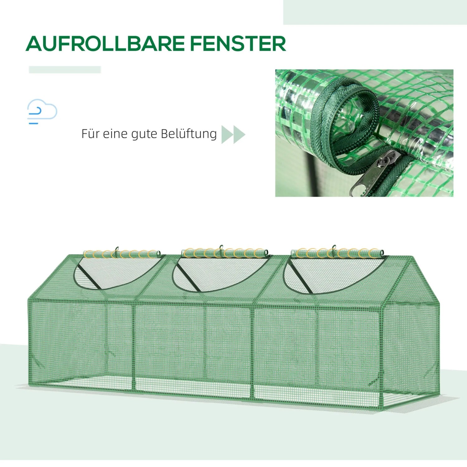 Grünes Furnicato Gewächshaus 180x60x60 cm mit aufrollbaren Fenstern für gute Belüftung.