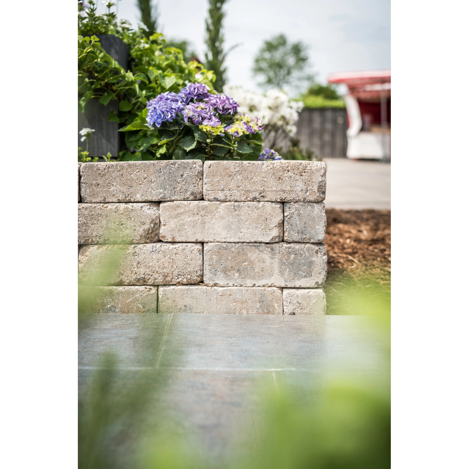 Diephaus Mauerstein Collo Muschelkalk, 30x10x10 cm, als kleine Gartenmauer mit Blumen im Hintergrund.