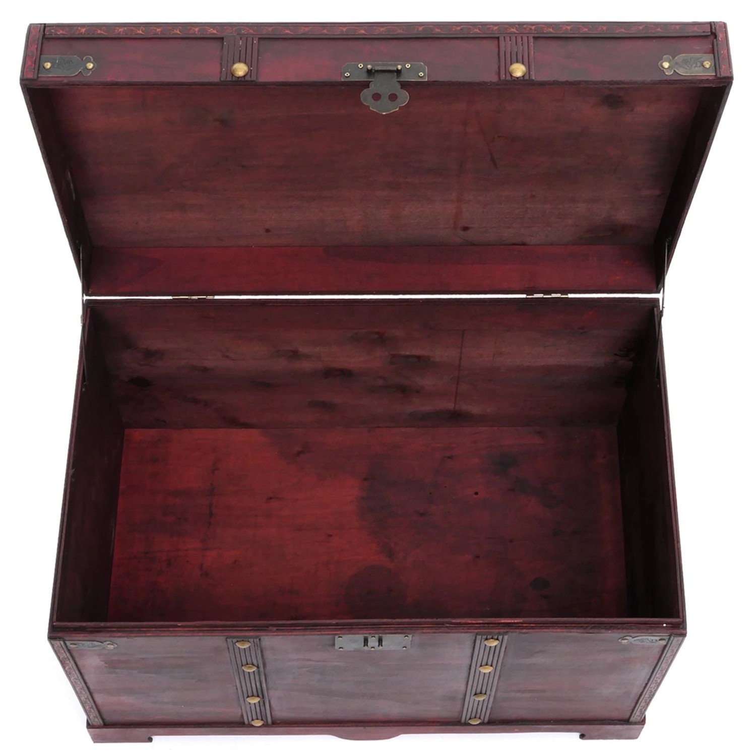 Offene, eckige MCW Holztruhe Antibes in Antikoptik, ideal zur Aufbewahrung.