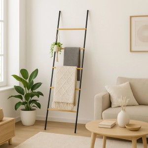 Relaxdays Handtuchleiter Bambus Eisen Schwarz 164 cm x 45 cm x 2 cm