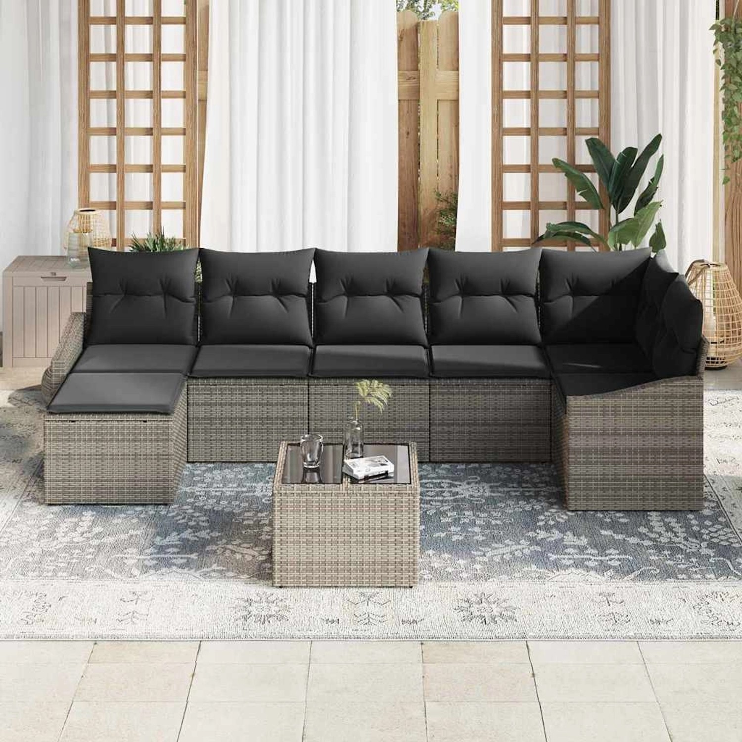 Graues 8-tlg. vidaXL Garten-Sofa-Set aus Poly Rattan mit Tisch und schwarzen Kissen.