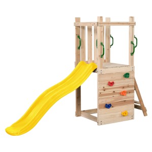 Swing King Spielturm Mari aus Holz mit gelber Rutsche, Kletterwand und Griffen.