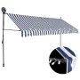 Blau-weiß gestreifte, handbetriebene Einzieh-Markise mit LED-Beleuchtung und Solarpanel.