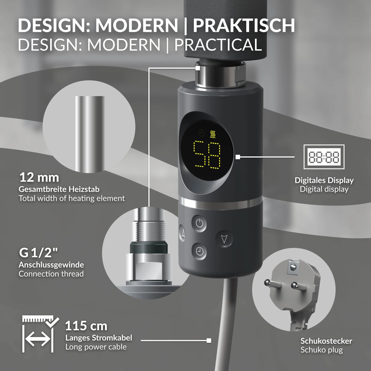 LuxeBath Heizstab 600W Anthrazit mit LCD Thermostat zur Temperaturregelung.