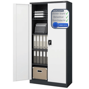 DELUKE Aktenschrank KADO, abschließbar, mit Flügeltüren, 185x90x40 cm, anthrazit-weiß, mit Ordnern und Zubehör.