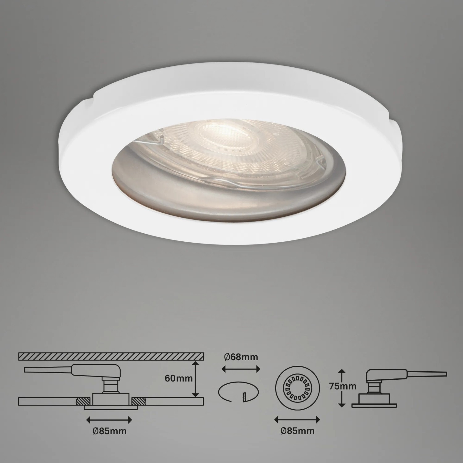 Briloner LED-Einbaustrahler 3er-Set, weiß, IP65, für Bad und Innenräume. Inkl. Maßangaben.