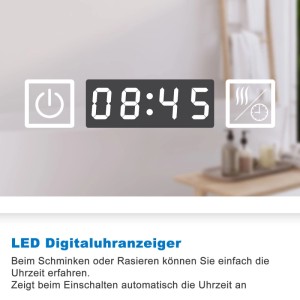 Runder LED-Badezimmerspiegel mit digitaler Uhr (08:45), Touch-Bedienung und Anti-Beschlag-Funktion.