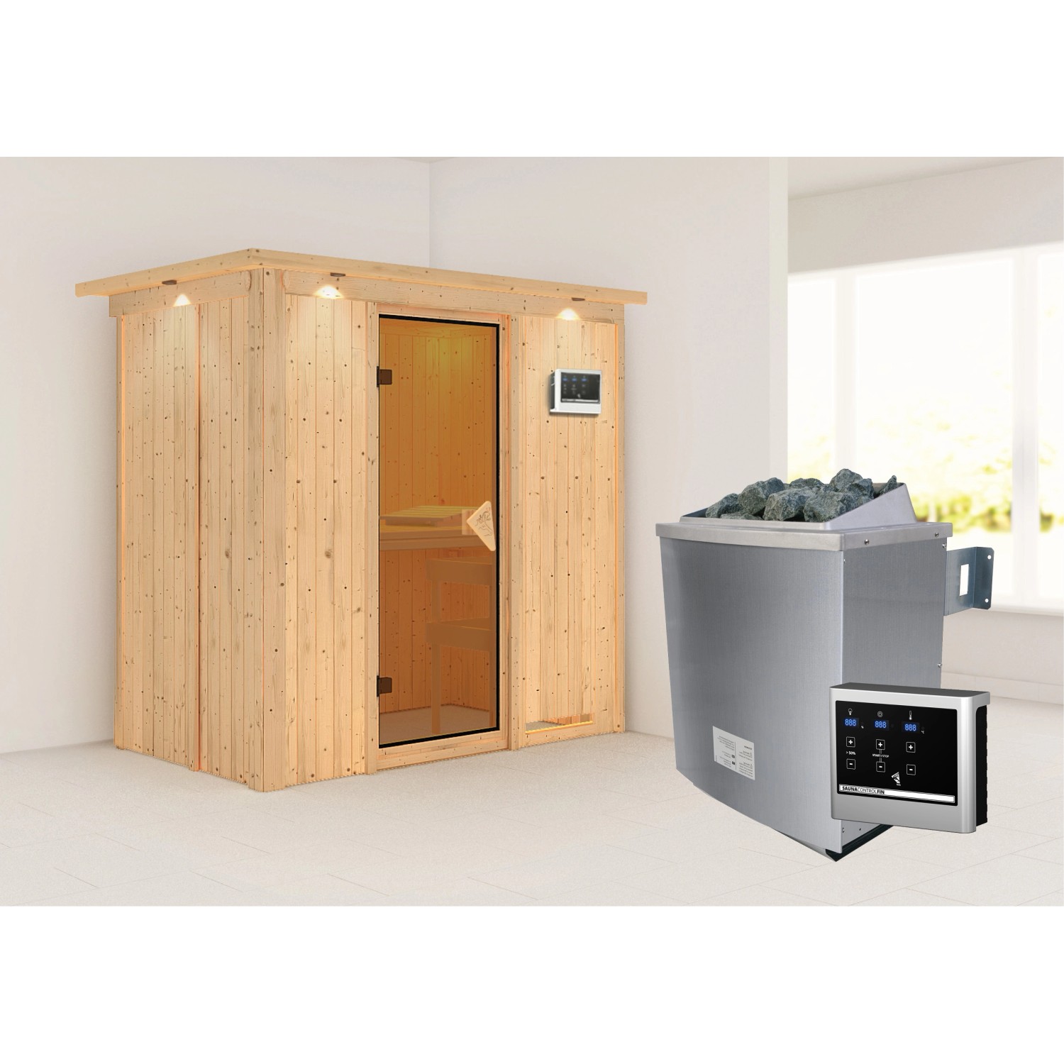 Karibu Sauna Vera + Ofen ext. Strg. Easy, Glastür satiniert günstig online kaufen