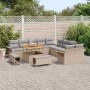 Beiges 13-teiliges vidaXL Garten-Sofa-Set aus Poly Rattan mit Tisch und Hockern.