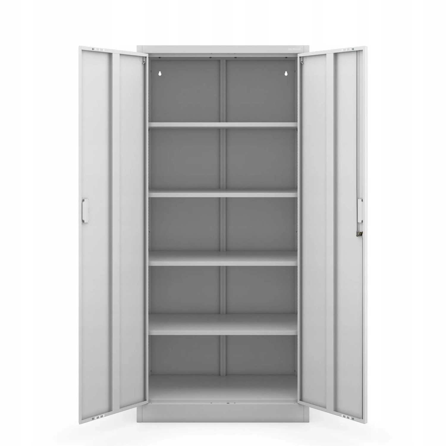 Grauer Metall-Aktenschrank JAN Compact, offen, mit 4 verstellbaren Einlegeböden und Zylinderschloss.