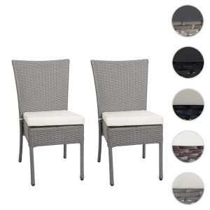 2er Set graue MCW Poly-Rattan Gartenstühle mit creme Kissen.