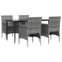 5-teilige Garten-Essgruppe Grau/Schwarz: Tisch mit Glasplatte, 4 Rattanstühle mit Kissen.