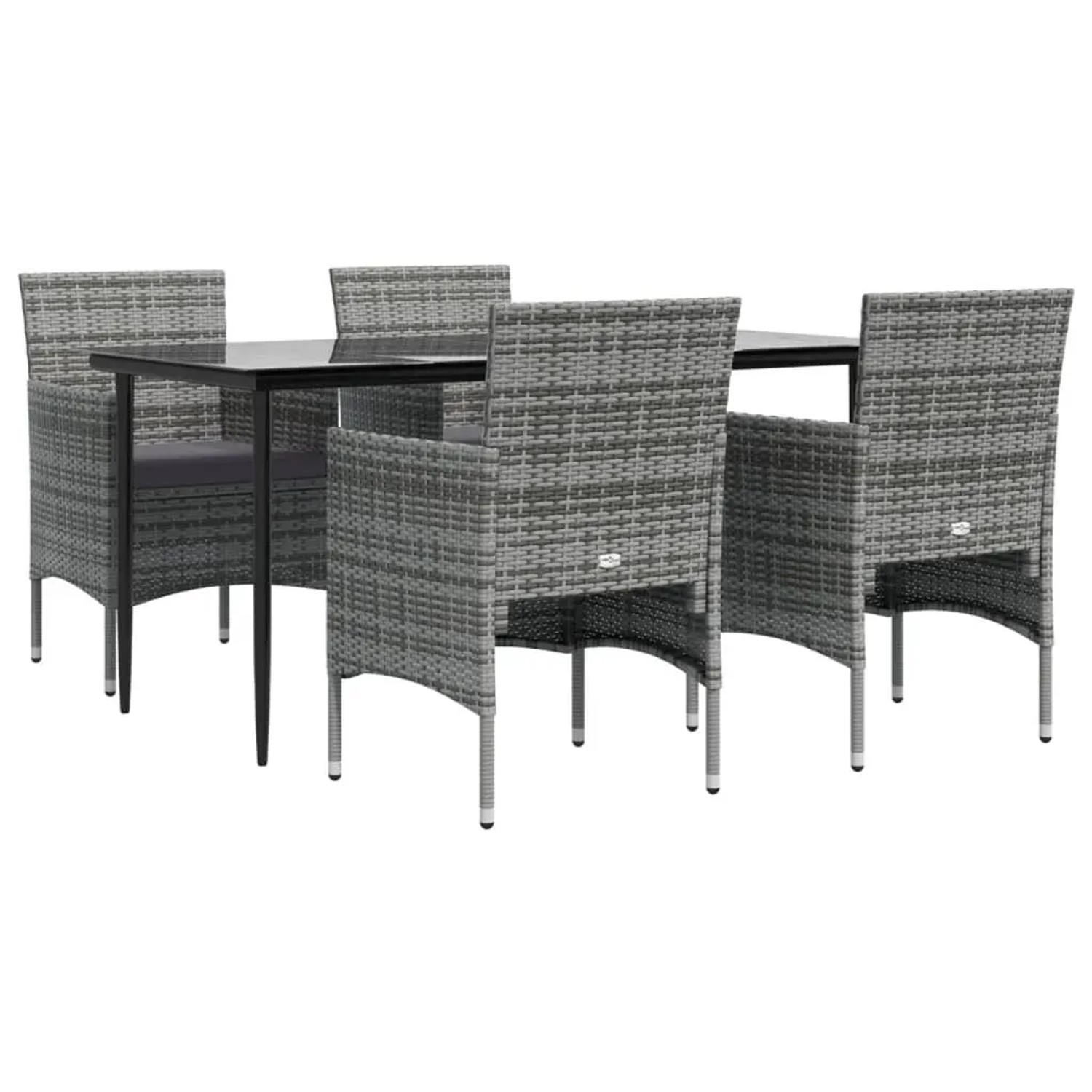 5-teilige Garten-Essgruppe Grau/Schwarz: Tisch mit Glasplatte, 4 Rattanstühle mit Kissen.