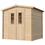 Timbela Holz-Gartenhaus M369C, beige-braun, mit Doppeltür und Fenster.