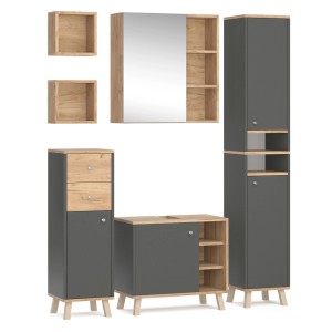 Vicco Badmöbel-Set Senyo, 5-teilig in Anthrazit/Goldkraft Eiche: Spiegelschrank, Waschbeckenunterschrank, Hochschrank, etc.