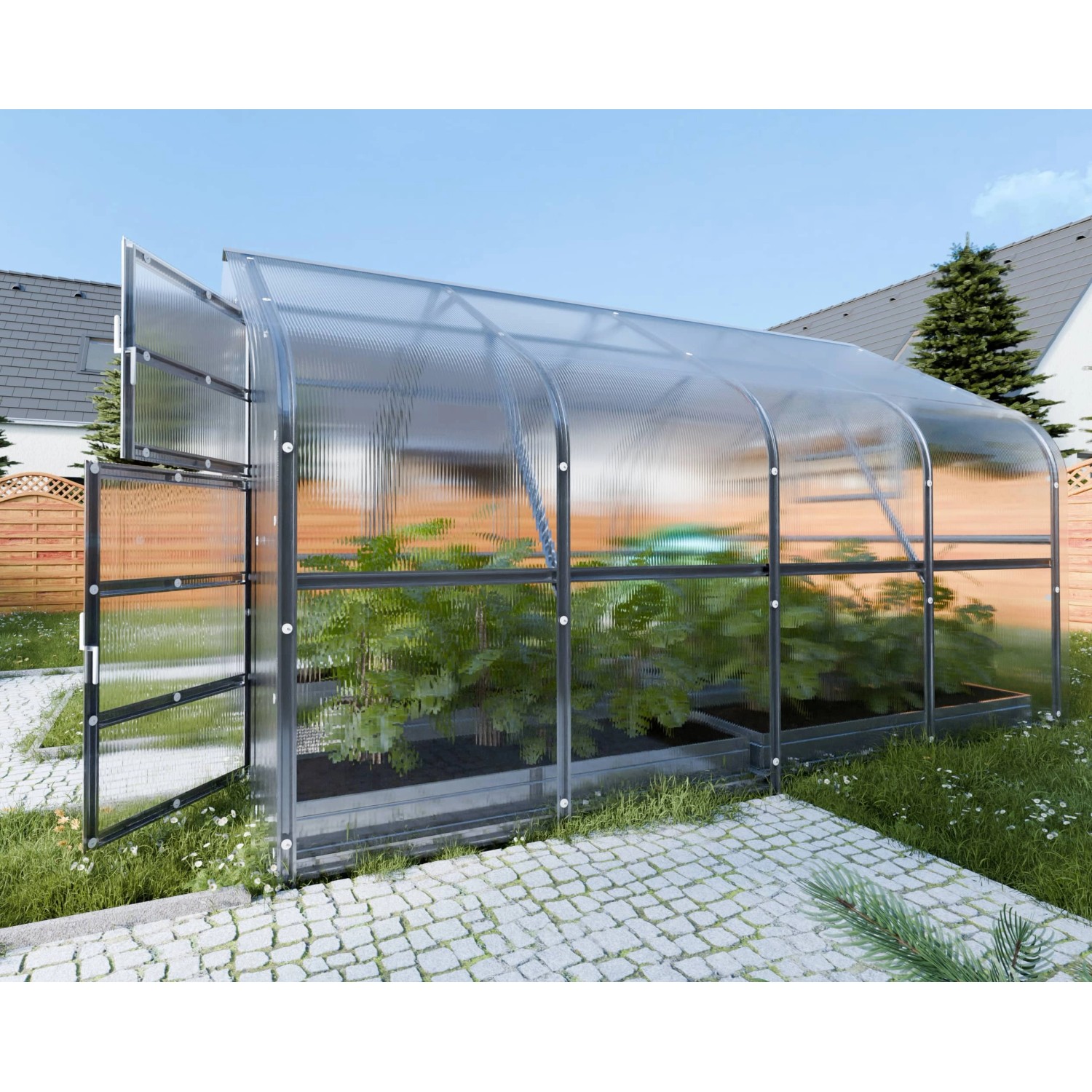 Klasika Drop Gewächshaus 10m² mit Polycarbonat-Abdeckung, Tür geöffnet.