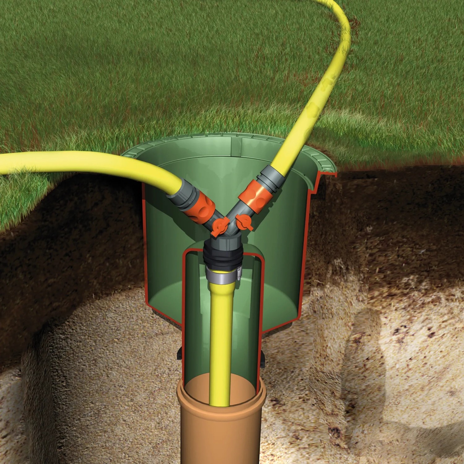 4rain Tanksystem Herkules 4.800 l Garten Komplettpaket: Erdtank mit gelben Schläuchen im Querschnitt.
