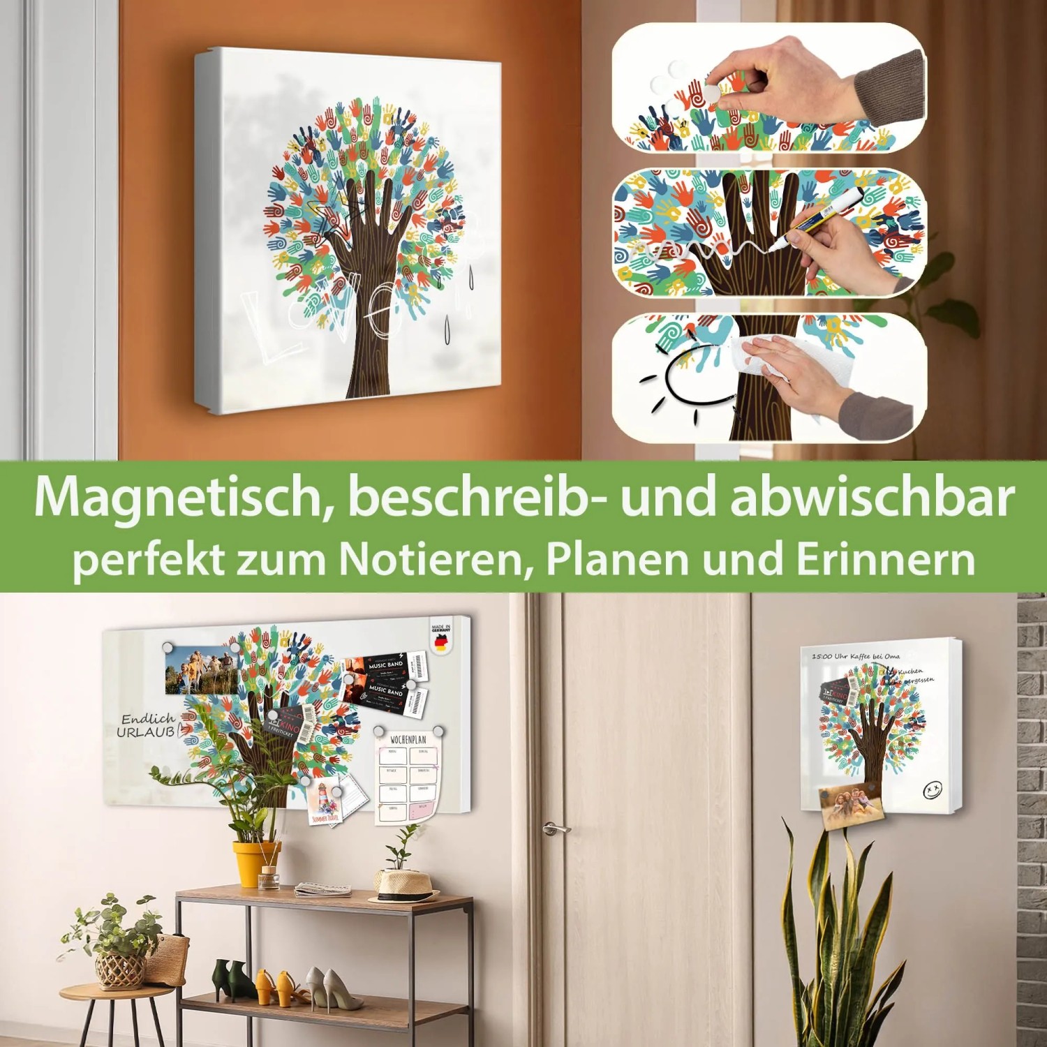 Banjado Großer Schlüsselkasten Metall 30x30cm Weiß Scharnier Rechts 50 Haken Beschreibbar Magnetisch Motiv We Are The World