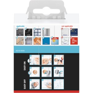 Verpackung Tesa Handtuchhaken Smooz verchromt: Anwendungs- und Montagehinweise.