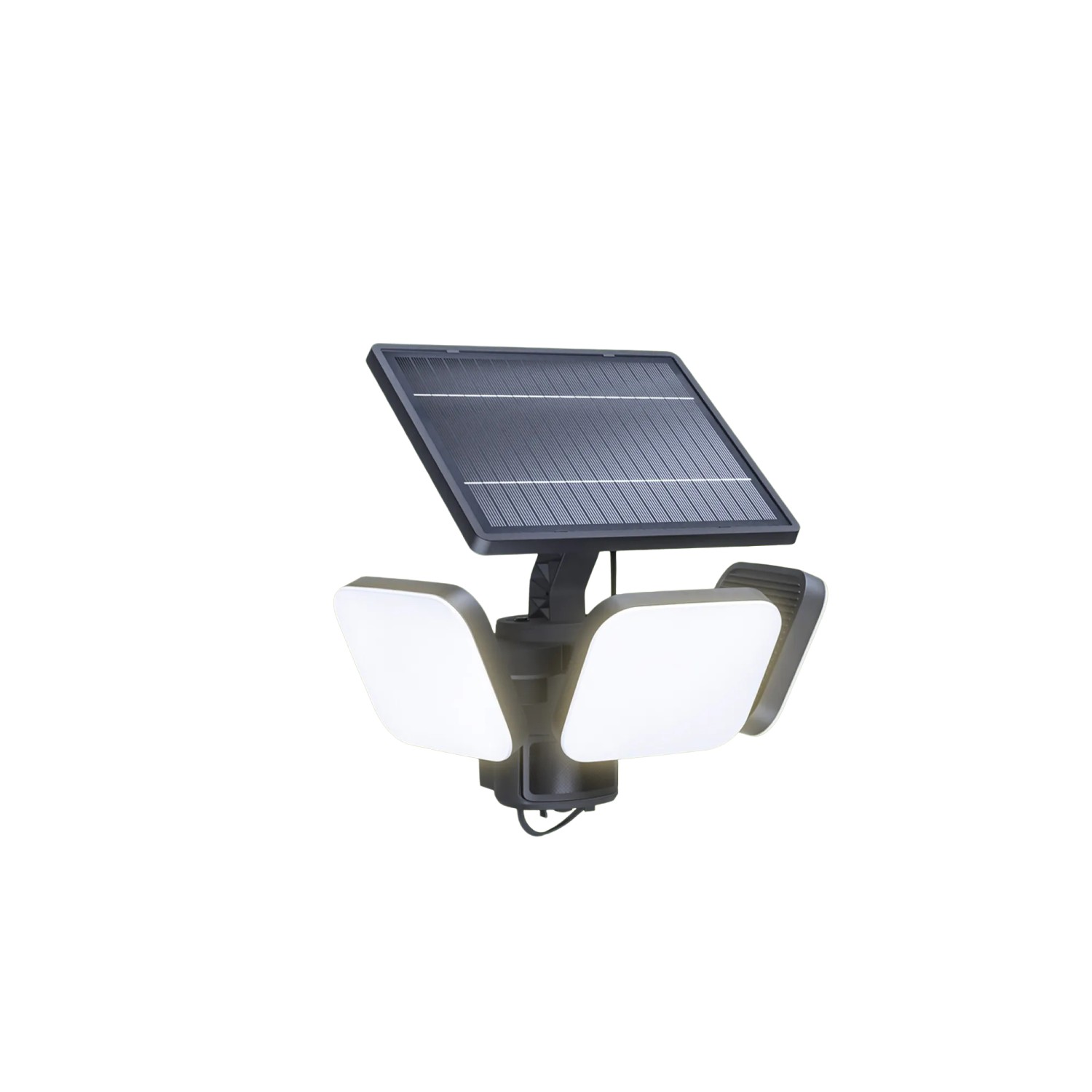 Schwarzer Philips Solar LED-Außenstrahler Zyren mit drei Leuchten und Solarpanel.