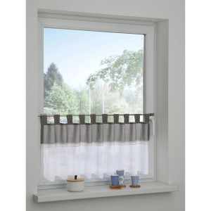 Bistrogardine silbergrau mit Spitzenborte, 45x135 cm. Scheibengardine aus Batist.