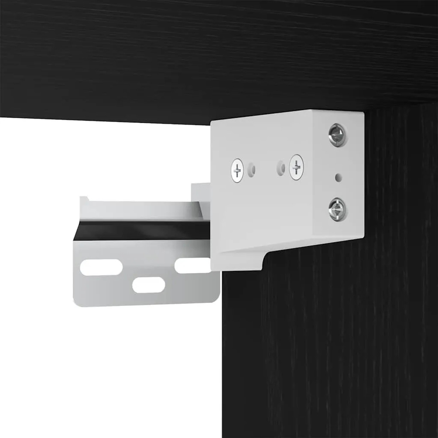 Detailaufnahme der Wandmontage des schwarzen Nachttischs mit Eichen-Optik.