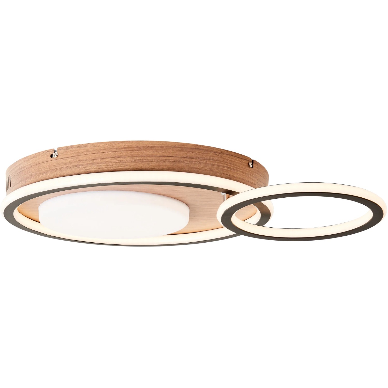Moderne LED-Deckenleuchte Karney in Schwarz und Holz, 57x40 cm, warmweißes Licht.