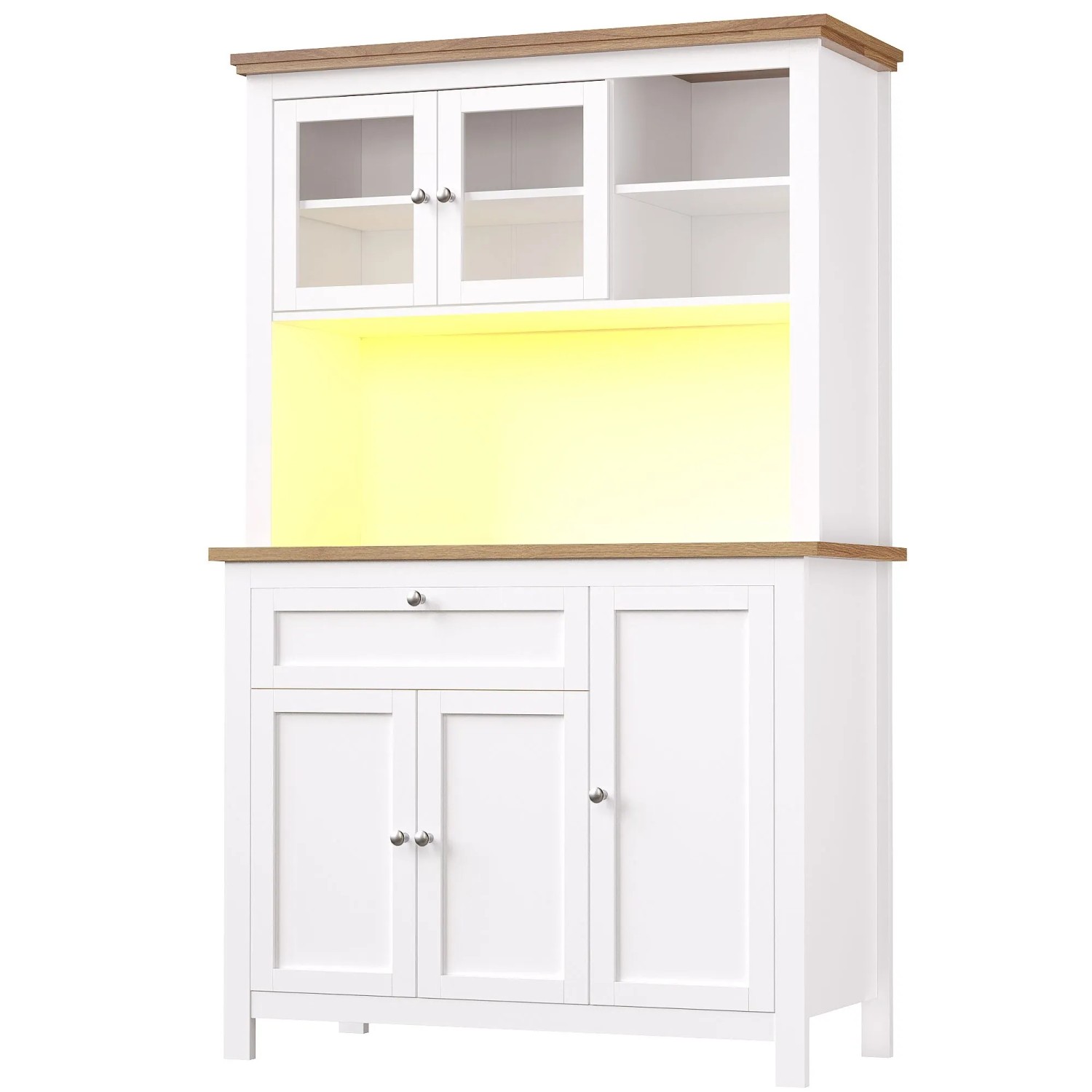 okwish Küchenschrank mit LED Licht Glastür Verstellbare Ablagen Küche 104x40x180cm Weiß