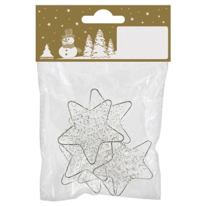6 silberne Drahtsterne (5 cm) als Weihnachtsdeko im transparenten Beutel.