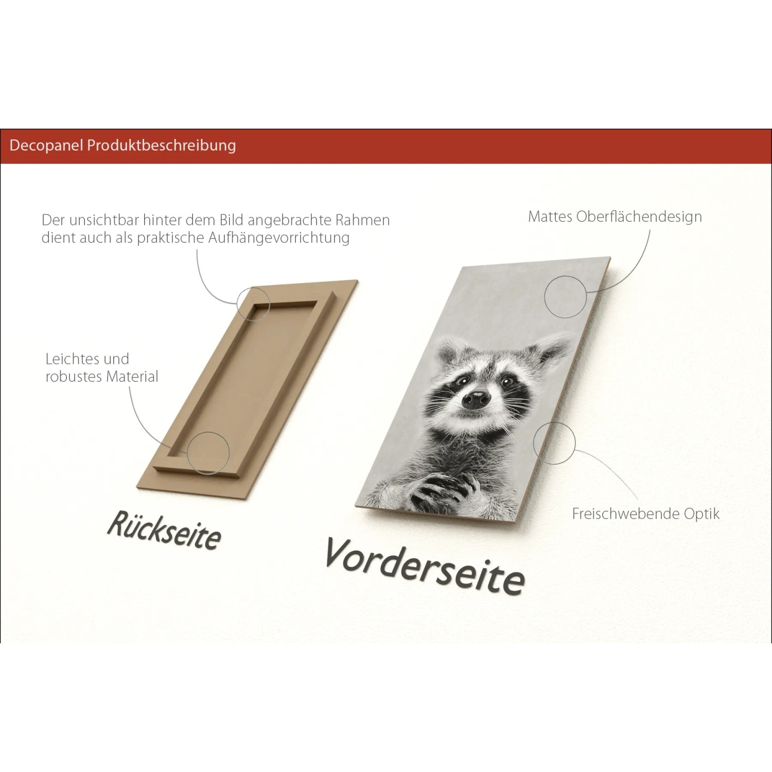 Pro Art Dekopanel Young Racoon, 30x15cm, zeigt Vorder- und Rückseite des Bildes.
