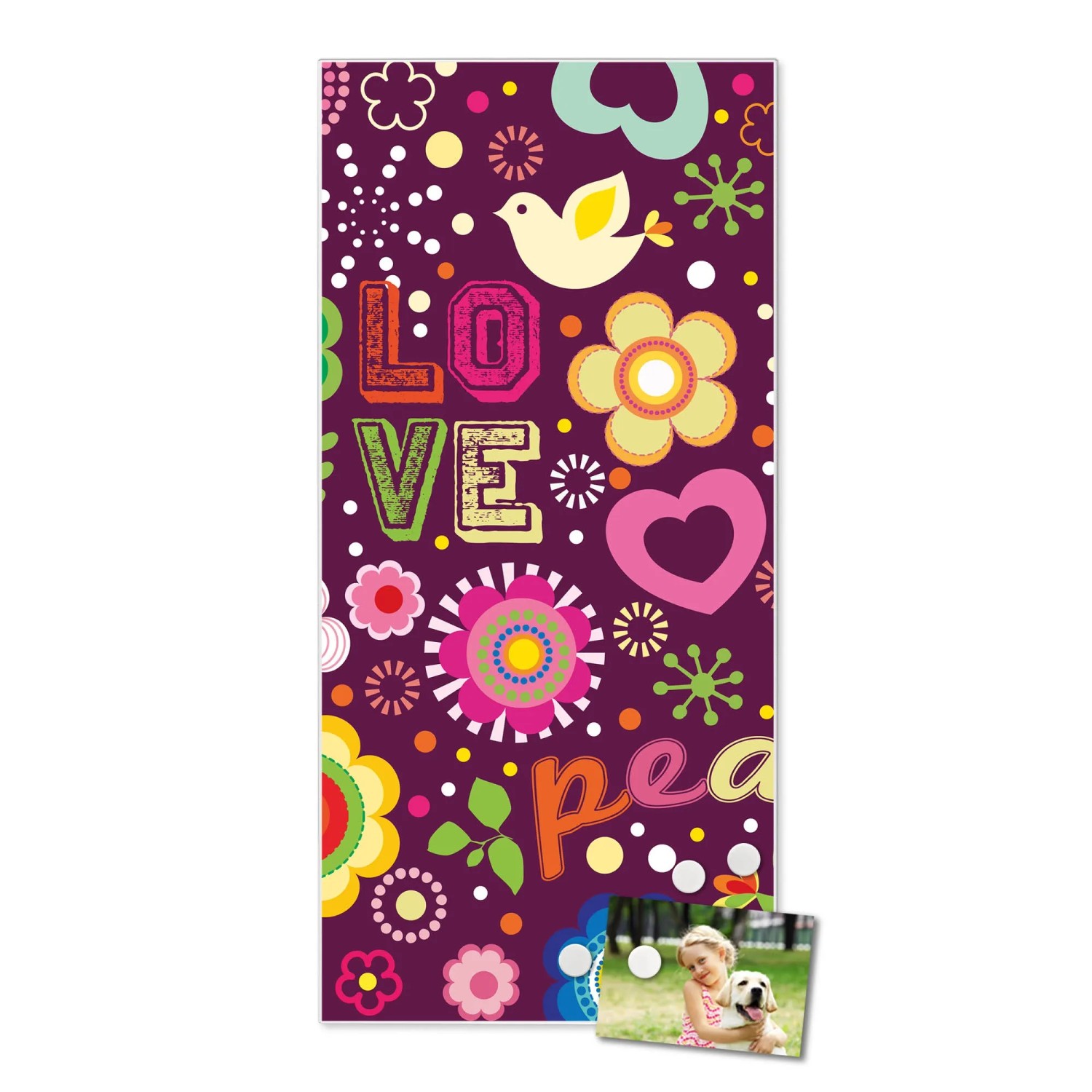 Banjado Magnettafel 37x78cm mit 'Love and Peace' Motiv, inklusive 4 Magnete. Wanddekoration für Notizen.
