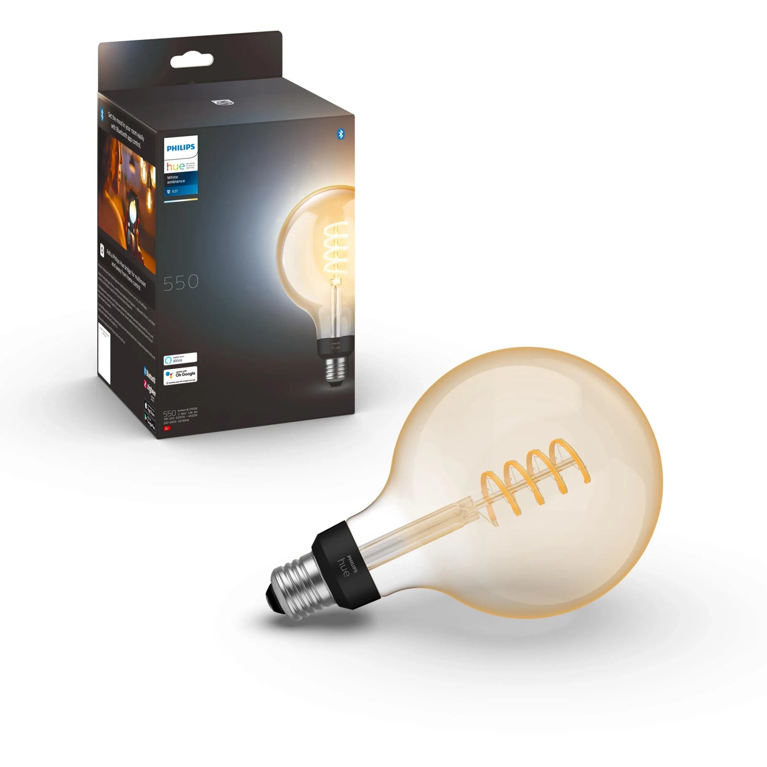 Philips Hue White Ambiance Filament G125 E27 LED-Lampe, dimmbar, warmweißes Licht.