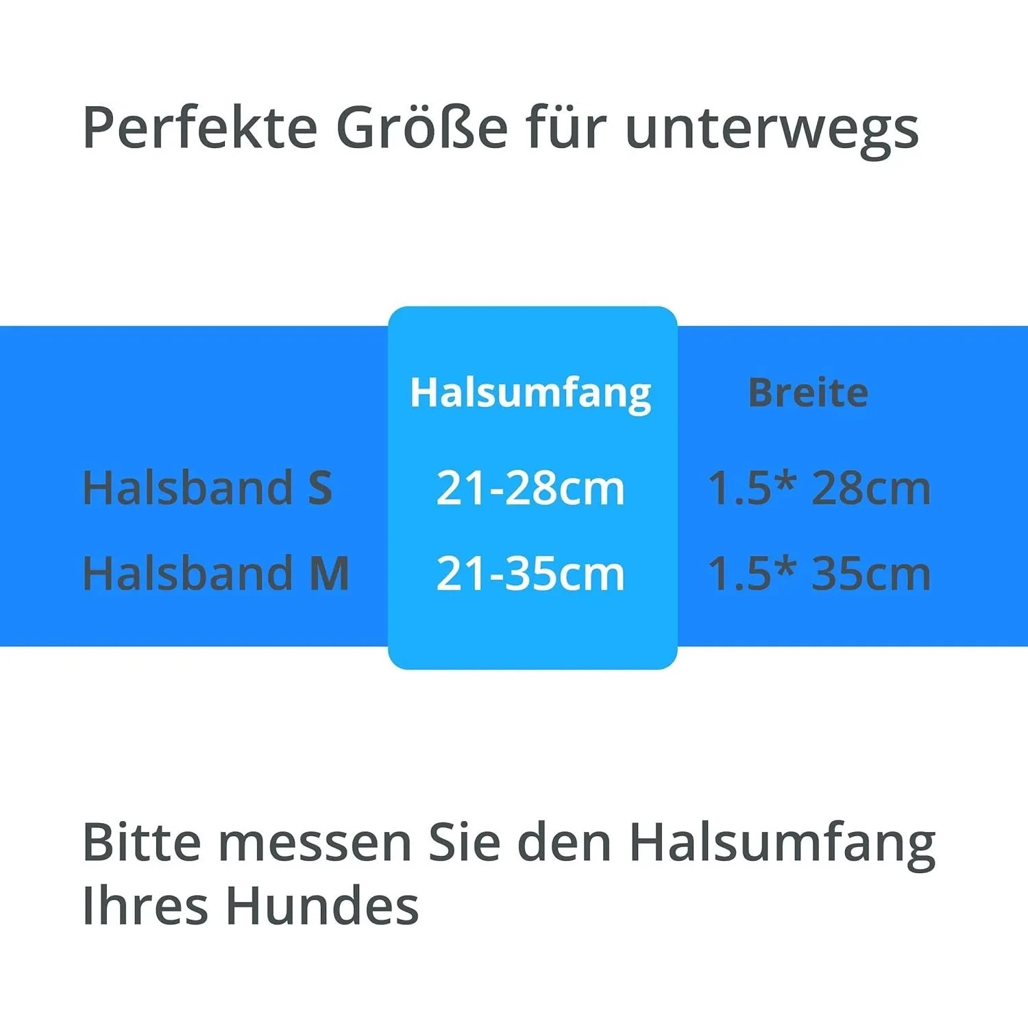 Größentabelle für PETSATION Katzenhalsband: Halsumfang S (21-28cm), M (21-35cm) und Breiten. Wichtige Maße für die Auswahl.