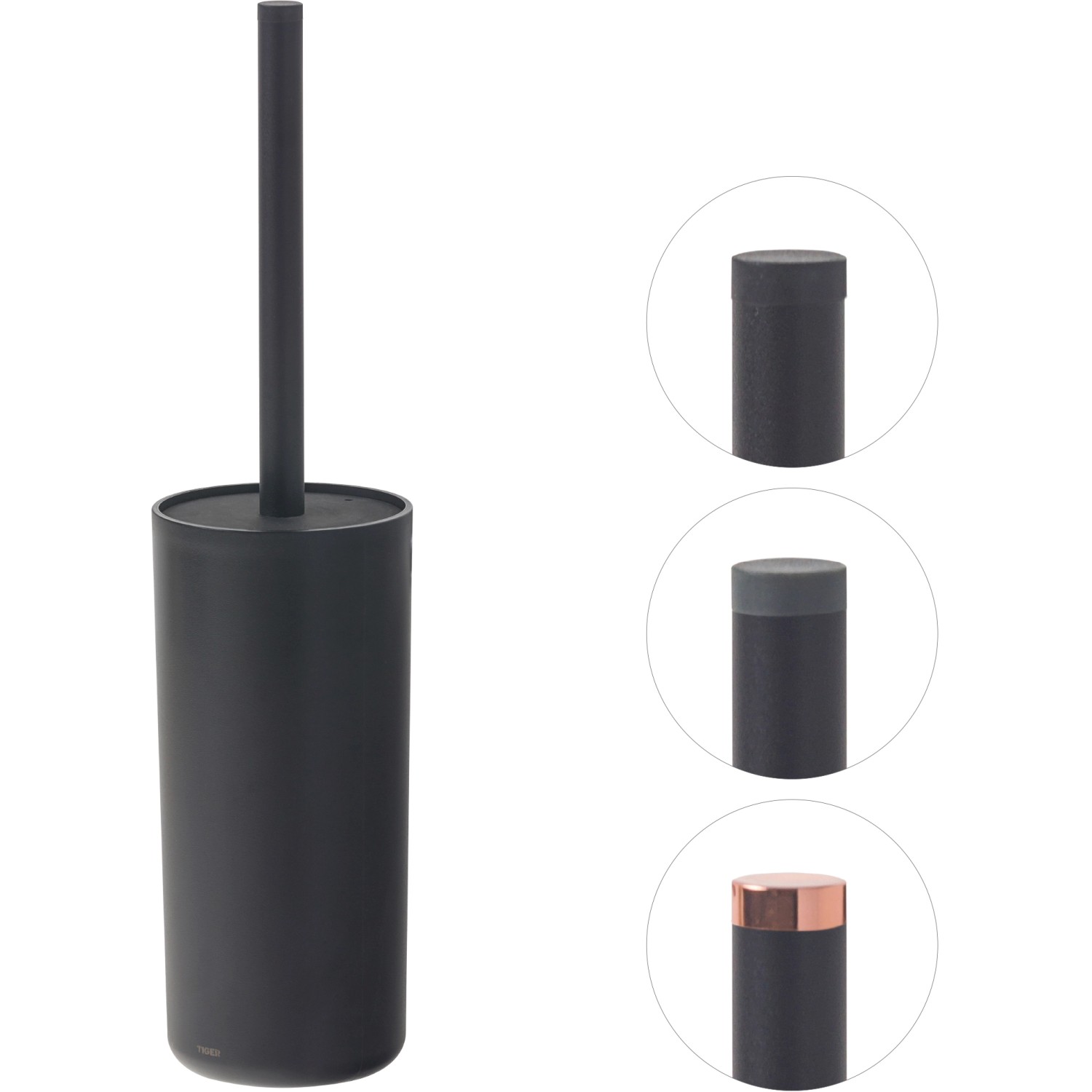 Tiger WC-Bürstengarnitur Urban Schwarz, freistehend mit Deckel und 2 Deko-Kappen.
