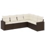Braune vidaXL Garten-Sofagarnitur aus Rattan mit cremefarbenen Kissen, 6-teilig.