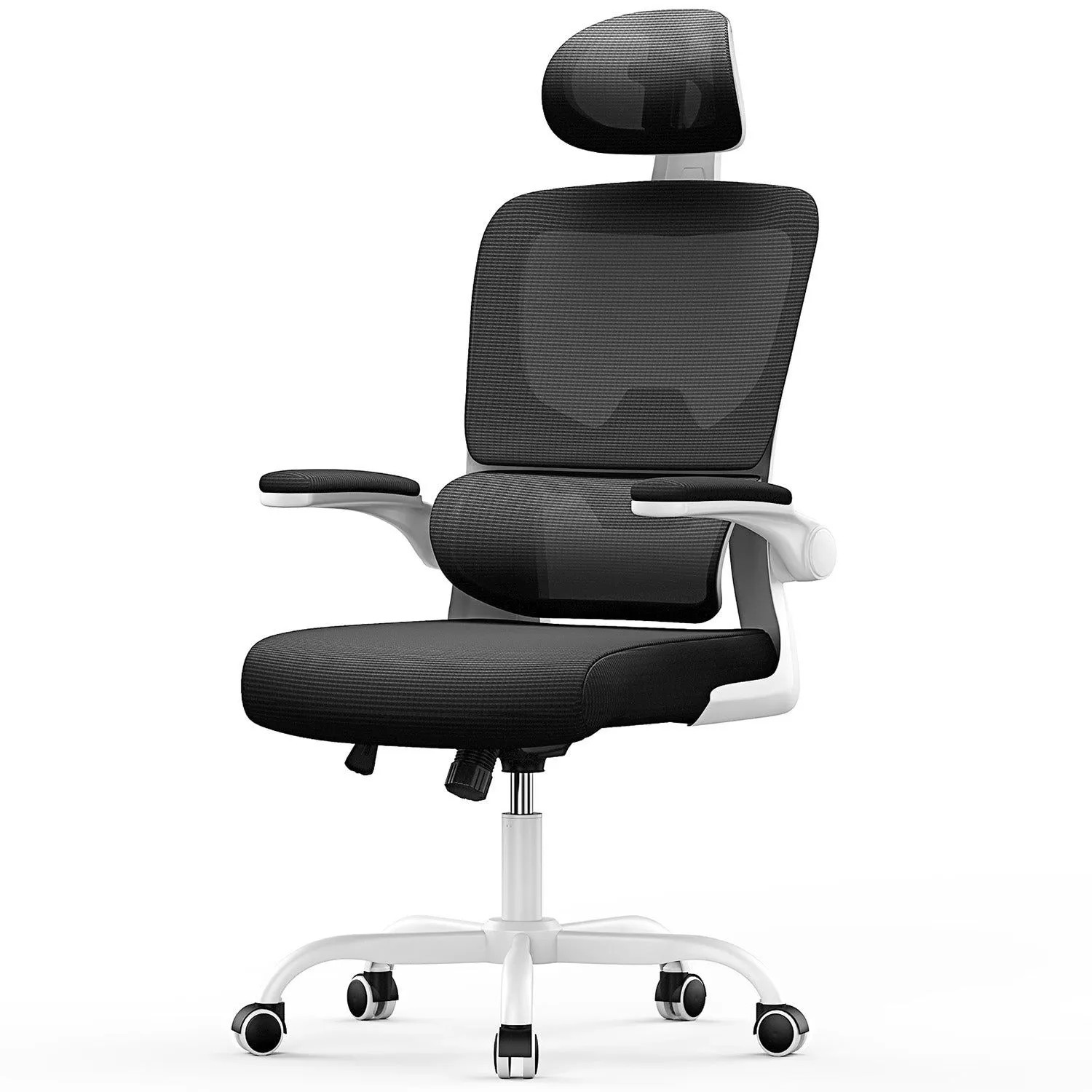 Rattantree Ergonomischer Drehstuhl mit Wippfunktion und Höhenverstellung Kopf und Klapparmlehnen Weiß